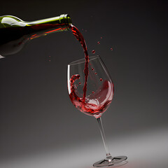 watercolor Illustration of Pouring rich red wine from bottle into crystal glass on dark background. Dynamic flow and splashes. Wine tasting concept, wine enthusiasts and culinary experiences