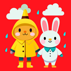 Fototapeta premium Cute cartoon rabbits with carrots and gifts celebrate a fun Christmas winter holiday with snow and a snowman