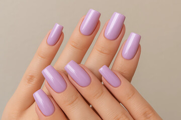 Elegant lavender nails displayed on hands against a neutral background  
