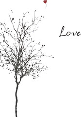 A solitary tree silhouette symbolizing love with a red heart balloon.