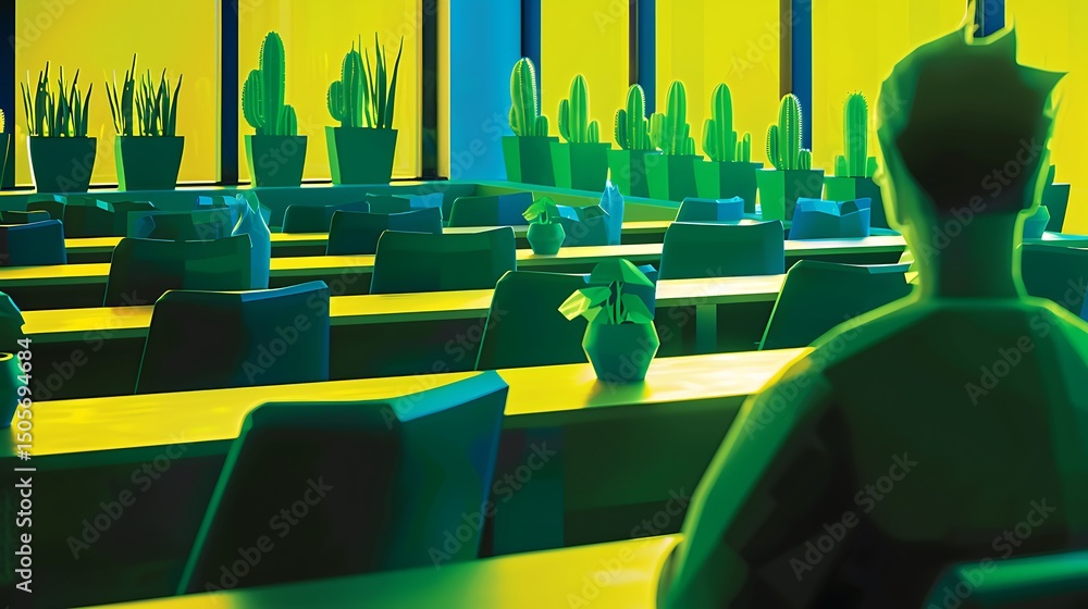 Poster modern workspace with cactus plants and abstract character design