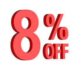 8 percent off discount text graphic in bold red 3D letters, for promotional sale banner icon, coupons, and special offers, marketing design element, boosting savings and shopping deals	