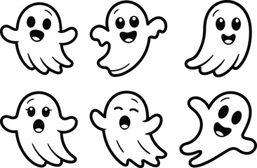 Set of Cute Ghost Line Art Vectors – Happy Cartoon Halloween Spirits
