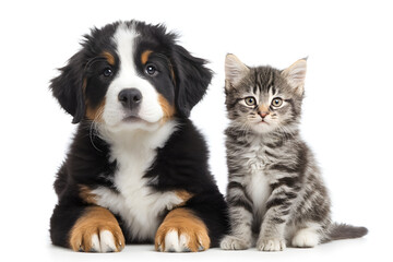 Obraz premium A charming puppy and kitten sit side by side, conveying friendship and warmth in a light-filled setting