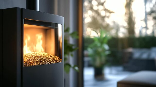 Eco-conscious private boiler room with modern wood pellet stove in full operation, detailed view of burning pellets emitting soft, sustainable warmth