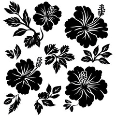 Hawaii tropical hibiscus flowers set, black stencil silhouette tattoo, black silhouettes of tropical hibiscus flowers, isolated on transparent background