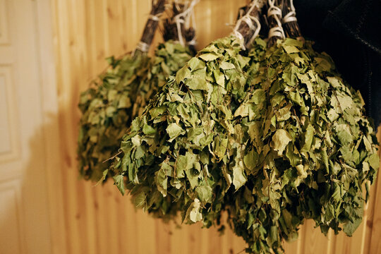 Close-up of traditional birch bath brooms hanging indoors against a wooden wall. A classic sauna accessory used for steam rituals and natural relaxation.