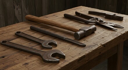 Vintage Hand Tools on Rustic Wooden Workbench Hammers, Wrenches, and Pliers
