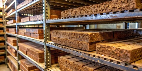 Fototapeta premium Rows of stacked brick, dusty and aged, waiting to be used for another construction project.