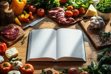 Blank recipe book on rustic kitchen counter with fresh food