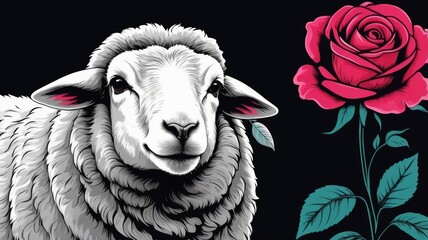 A sheep with a rose placed on its back, displayed on a black background.