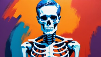 A painting depicting a skeleton with vibrant blue hair against a contrasting background.