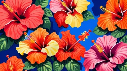 A striking painting displaying a colorful pattern of hibiscus flowers, highlighting their vivid hues and intricate details.