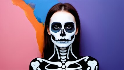 A woman with a skeleton face artfully painted on her body, showcasing intricate details and vibrant colors.