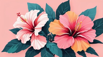 Two vibrant pink and orange hibiscus flowers against a soft pink background.