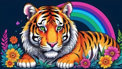A majestic tiger adorned with colorful flowers, set against a backdrop of a vivid rainbow in a serene environment.