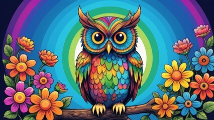 An owl with vibrant eyes surrounded by flowers, set against a colorful rainbow background.