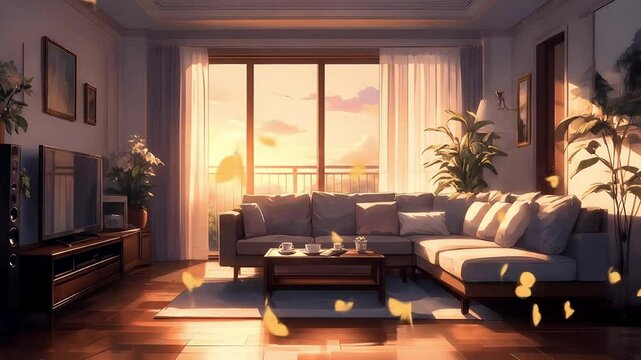 Serene Sunset Zoom Background Virtual Animated Living Room