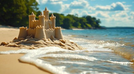 Intricate sandcastle on a beach, waves lapping at its base, under a sunny sky with lush green foliage in the background