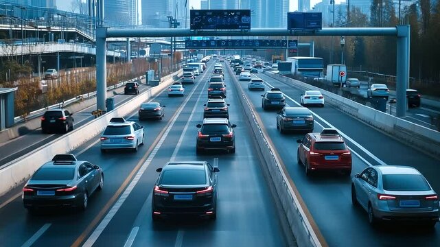 Highway toll plaza with automated traffic cameras perched above, wide view showing structured vehicle lanes, road sensors, and communication equipment ensuring road management