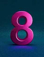 Eight 8 Number Fuchsia Metallic Digital Illustration on Teal Glitter Background, Isolated Aesthetic 3d Minimalist Design in Magenta with Rough Texture