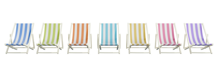 A row of vibrant beach chairs ready for relaxation on a sunny summer day. 3d rendering