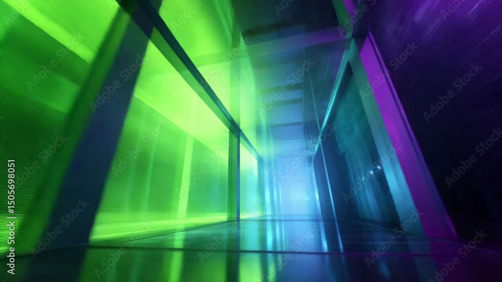Poster a glowing high-tech corridor merges with digital reflections in green and purple tones. code-based c