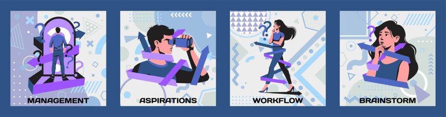 Decision searching. Business stuff. Aspiration and motivation. Management strategy. Businessman finding ways. Thoughtful man with questions. Pensive woman workflow. Choice dilemma. Vector concepts set