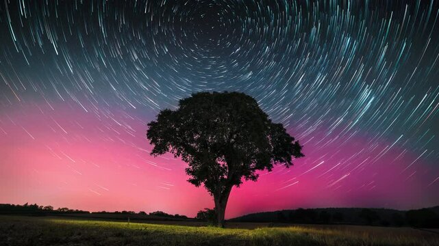 Aurora Borealis, rotating Star Trails and moving clouds behind the Silhouette of a Tree at night