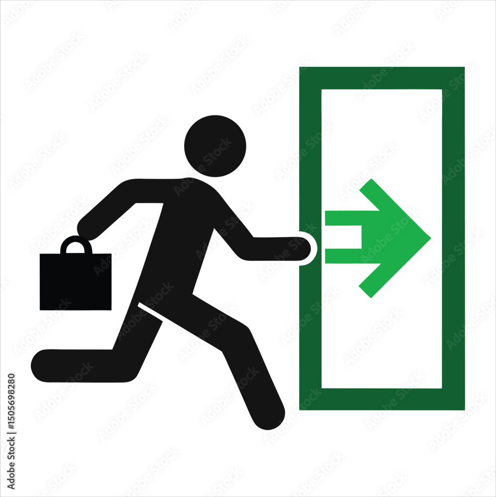 Aufkleber silhouette of a person with a briefcase running toward an exit door. bold text and arrow convey urge
