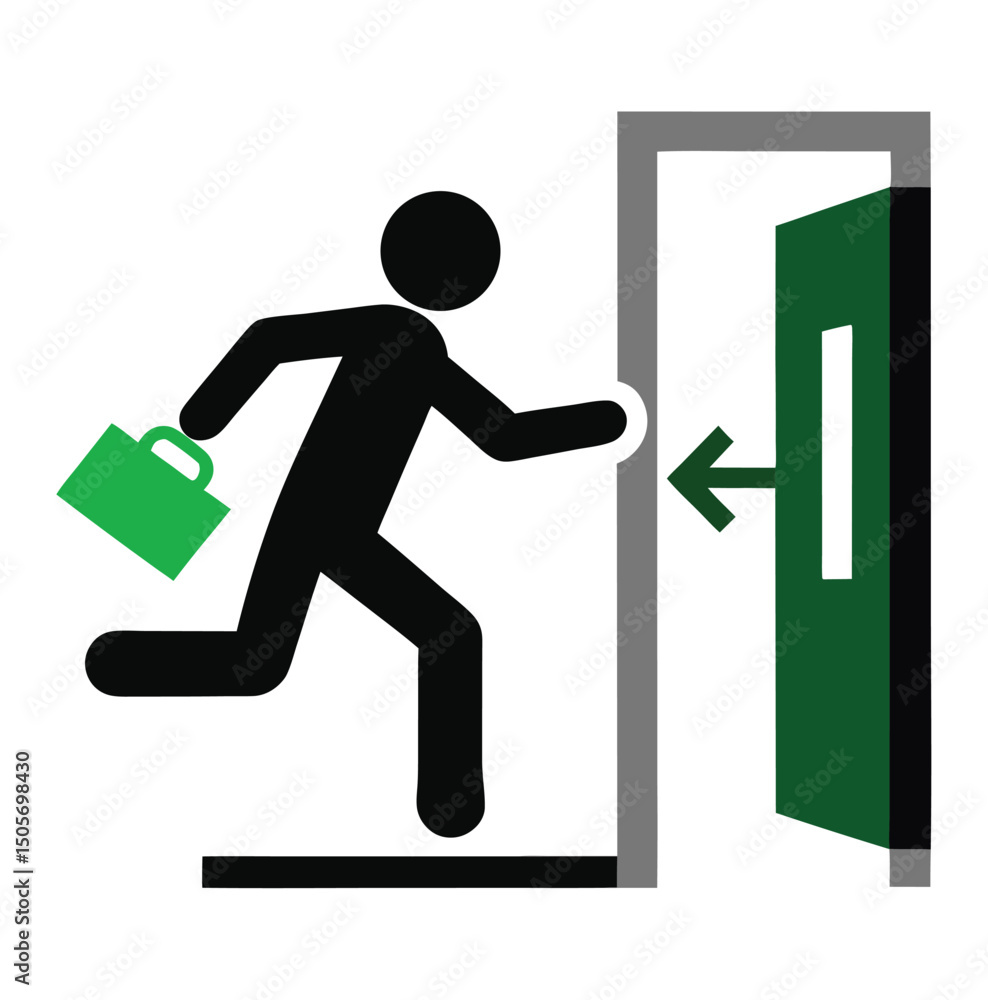 Poster silhouette of a person with a briefcase running toward an exit door. bold text and arrow convey urge