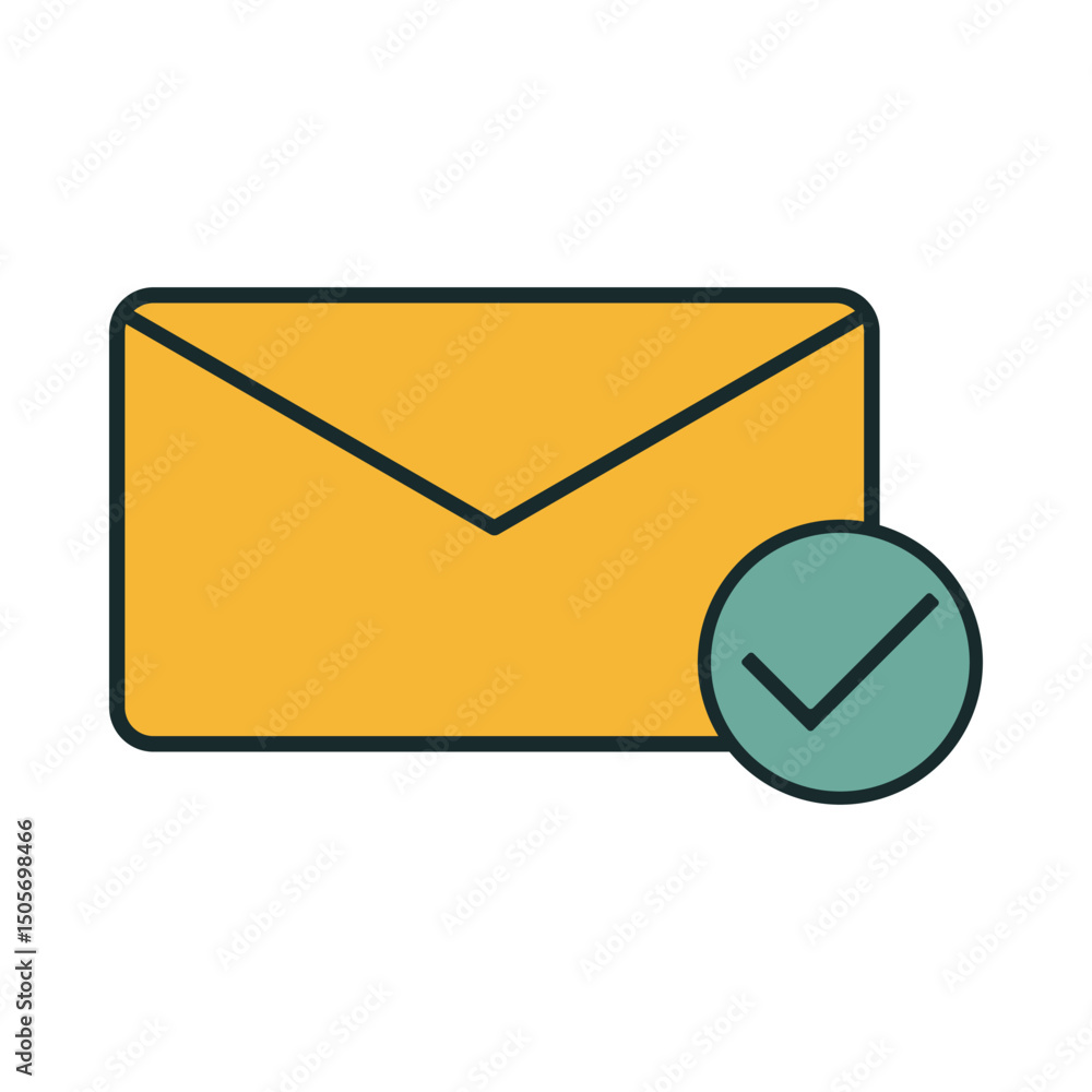 Aufkleber simple mail icon with check mark badge indicating message sent or verified, modern flat design