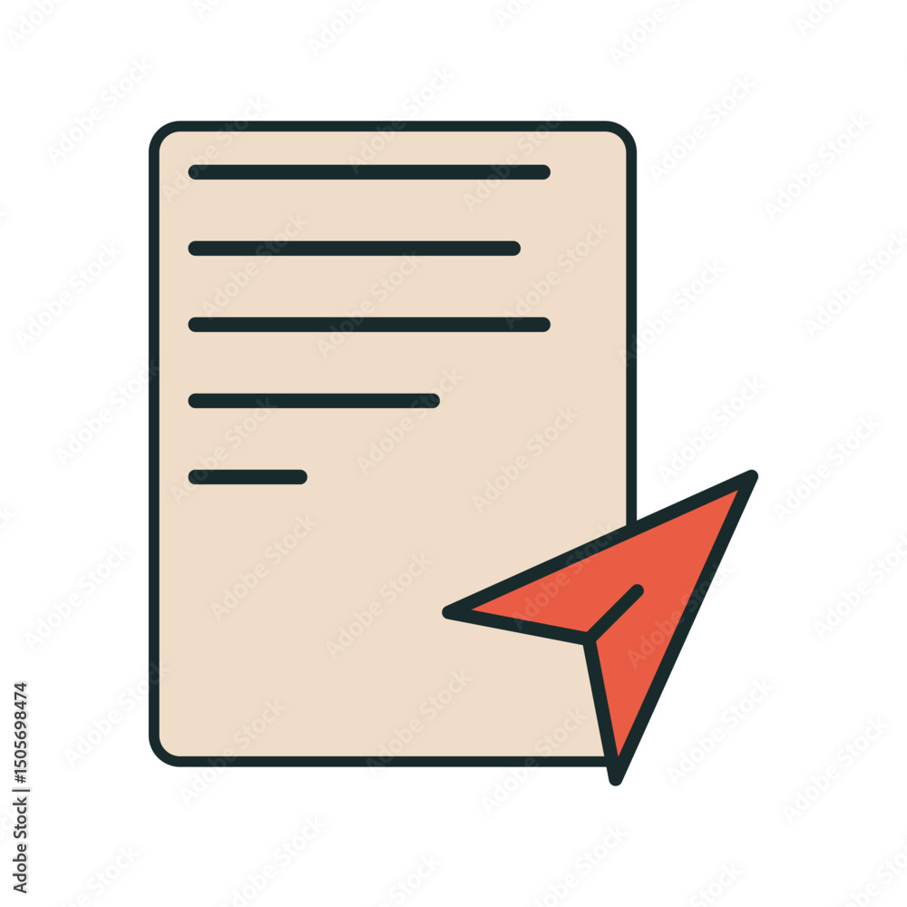 Poster vector illustration of beige paper sheet and red send symbol for digital file or form delivery