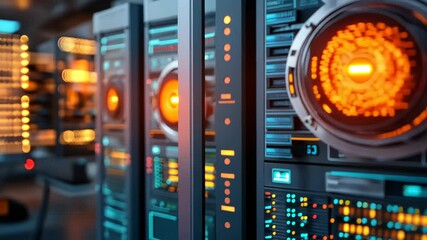 Futuristic server room with glowing data sphere - Powered by Adobe