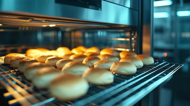 Low-angle view of a toaster oven at work, stainless steel body gleaming under soft kitchen lights, rows of buns baking evenly inside thanks to convection heating