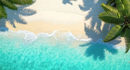 Aerial beach drone view: ocean waves on white sand, palm shadows. Tropical summer vacation paradise, serene island escape wallpaper.