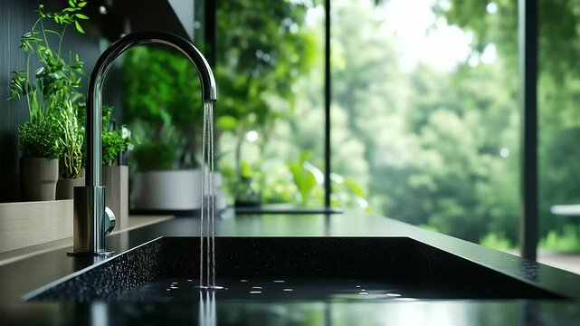 Modern kitchen with a high-end steel faucet, water running gracefully into the black granite sink, light-filled space with a clean minimalist design, vibrant green plants placed th