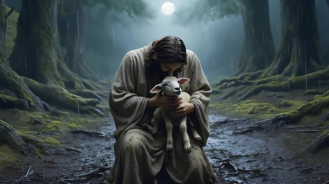 Jesus tenderly holds a lamb in a moonlit forest.