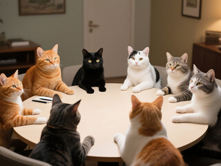 Multicolored cats gathered like a secret council — a funny, cute moment every cat lover will adore.