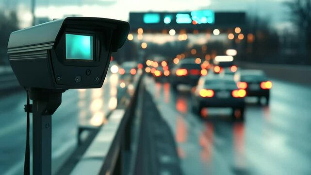 Modern surveillance camera fixed near a toll booth, scanning cars and trucks in real-time, digital road communication network facilitating urban security and traffic control