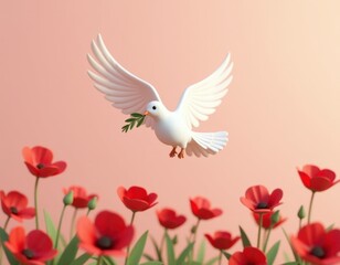 Naklejka premium 3D Render of a White Dove with Olive Branch Flying Over Red Poppies