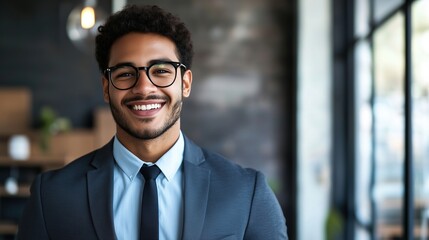 Fototapeta premium Confident African American businessman in suit, soft light, blurred office background, exuding professionalism and determination.