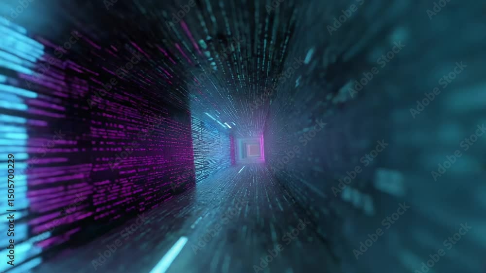 Poster long tunnel composed of glowing digital code in pink and cyan hues. neural networks, ai data streams