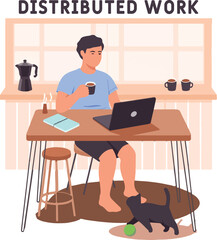 Distributed Work From Home Illustration - Man And Cat