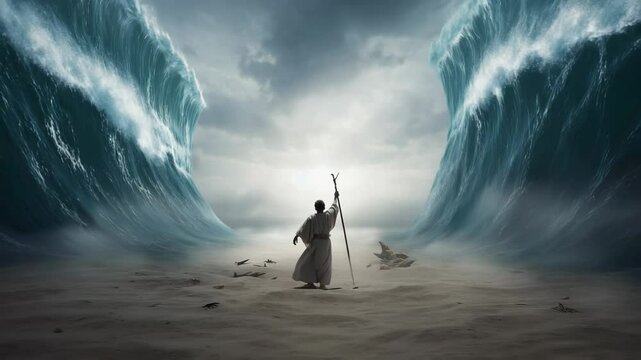 Moses parts the Red Sea, towering waves on either side, wreckage on the sand.