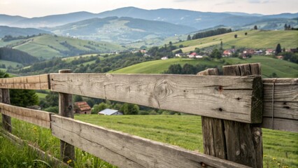 A rustic wooden fence overlooks rolling green hills, distant villages, and mountains under a cloudy sky.