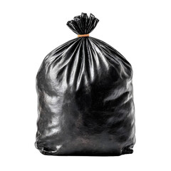 Close-up of a Tied Black Plastic Garbage Bag Isolated on White Background