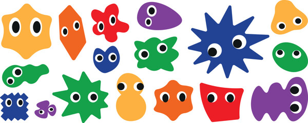 Naklejka premium Colorful Funny Shape Element Vector Set – Cute Cartoon Doodle Characters with Eyes, Geometric and Organic Decorative Shapes for Kids, Stickers, Toys, and Fun Design Projects