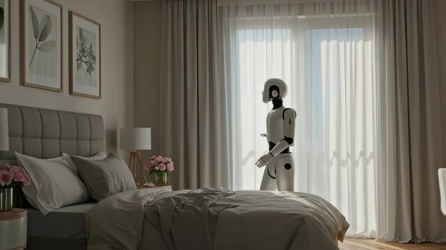 Humanoid robot gently opening curtains in a softly lit bedroom filled with morning light. Smart home integration, daily routines, AI in domestic life, emotional robotics