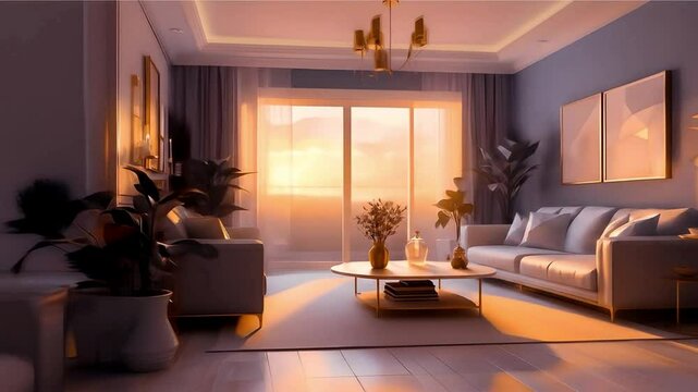 Sunset Zoom Background Virtual Living Room with Warm Lighting and Cozy Ambiance